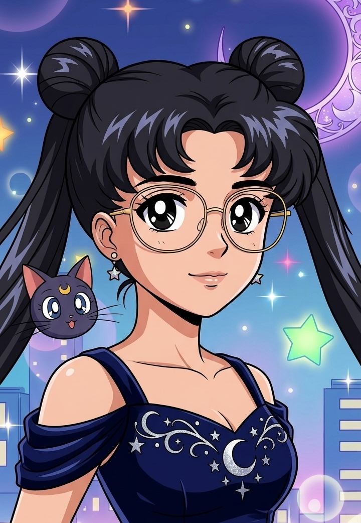 Retrato ilustrado de Adibel, estilo anime, con temática lunar